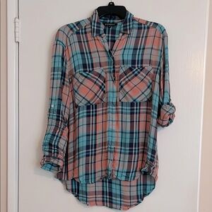 Express Salmon and Blue Plaid Button Down Top Size Small